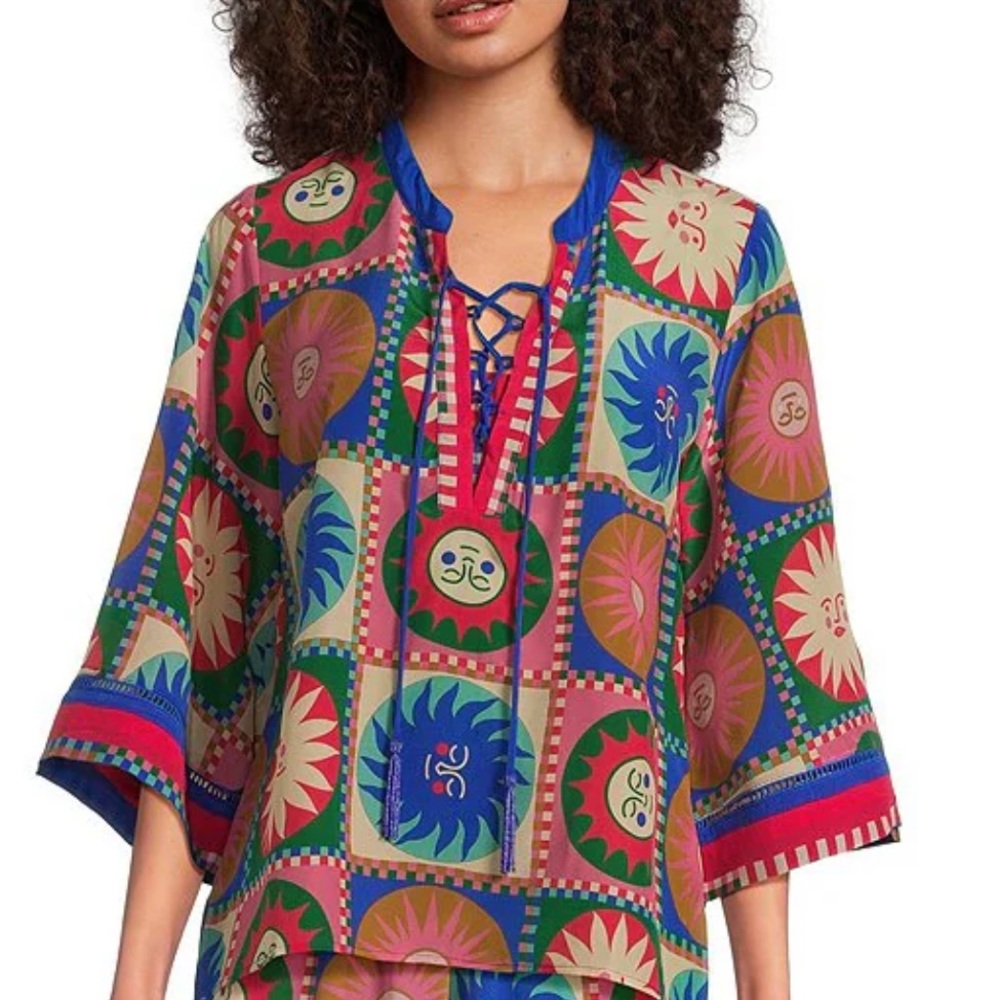 JOHNNY WAS Villa Silk Tile Geometric Sun Print Split Lace-Up 3/4 Sleeve Blouse.